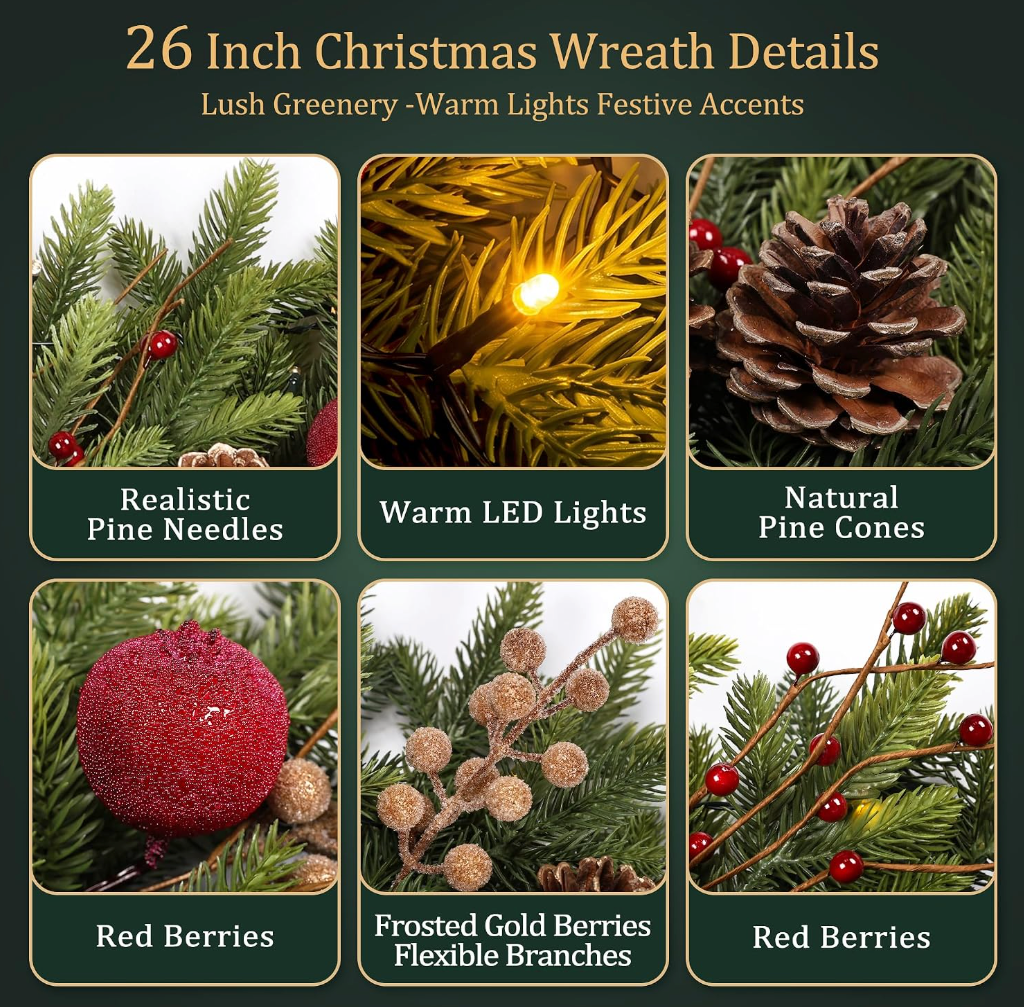 The Holly Royale™ 26" Pre-Lit Christmas Wreath