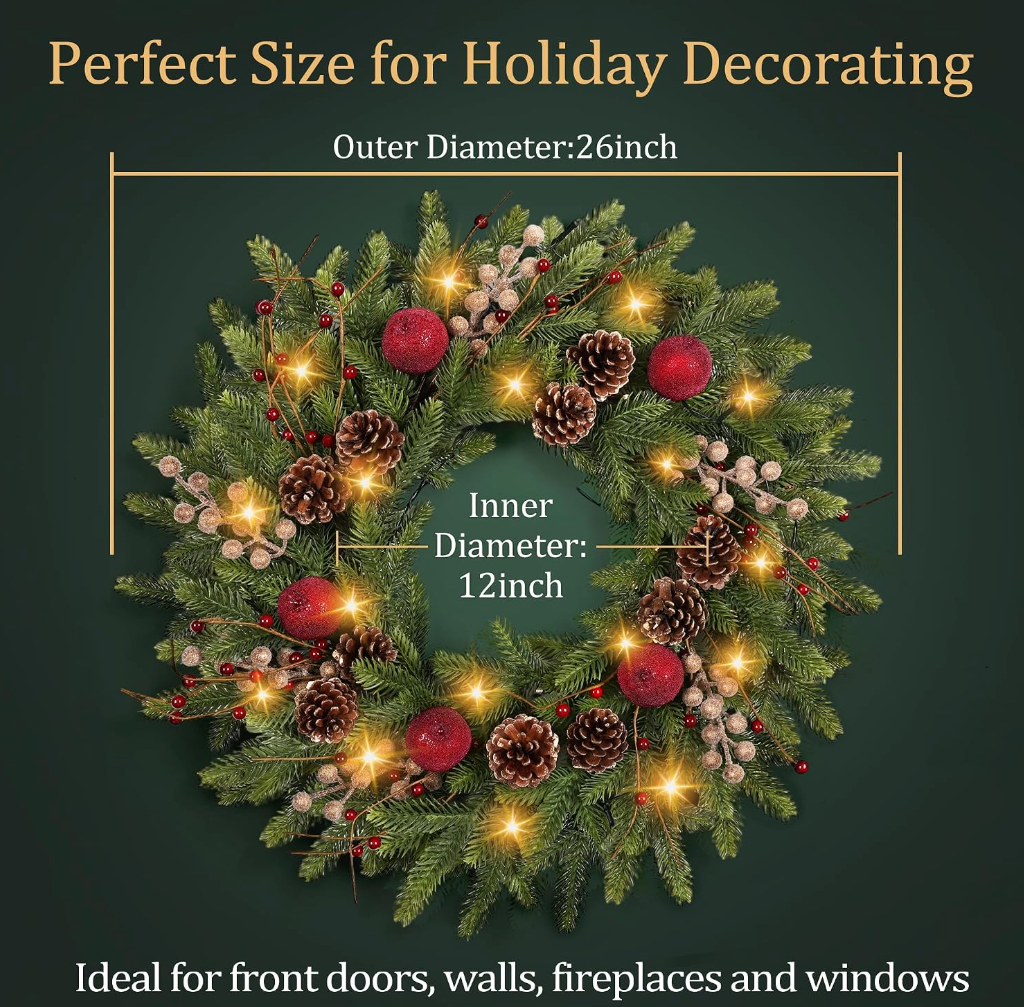 The Holly Royale™ 26" Pre-Lit Christmas Wreath
